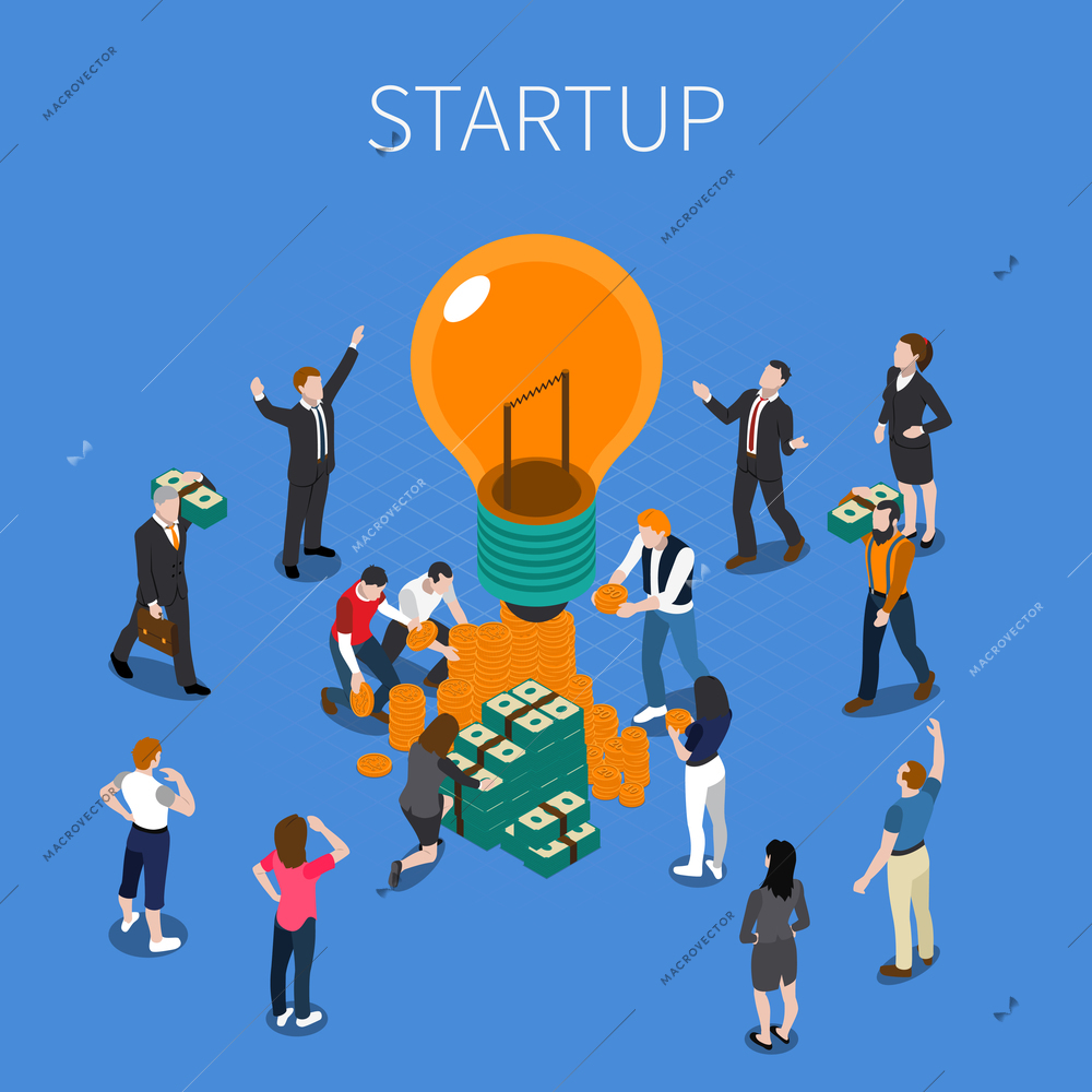 Ico for startup isometric composition including persons with creative idea, investment, cryptocurrency on blue background vector illustration