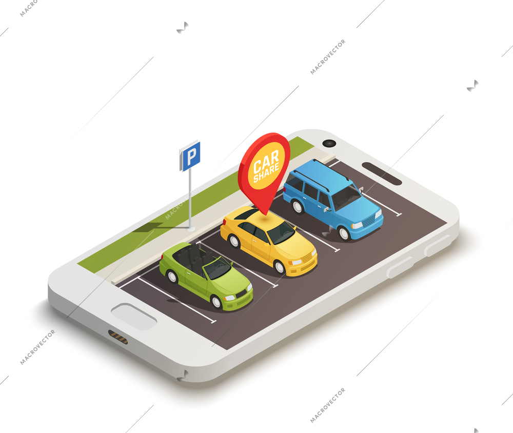 Abstract design concept on carsharing theme with car station located on smartphone screen and car shared pin  isometric vector illustration