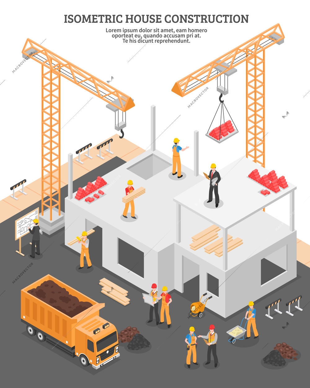 Isometric building composition with view of construction site with images of stationary hoists and incomplete house vector illustration