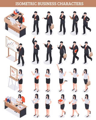 Business characters isometric set of male and female persons  involved in workflow isolated on white background vector illustration