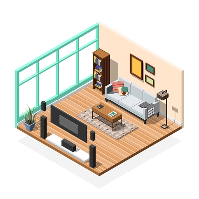 Isometric interior composition with furniture rooms sofa tv set book cabinet and floor-to-ceiling window vector illustration