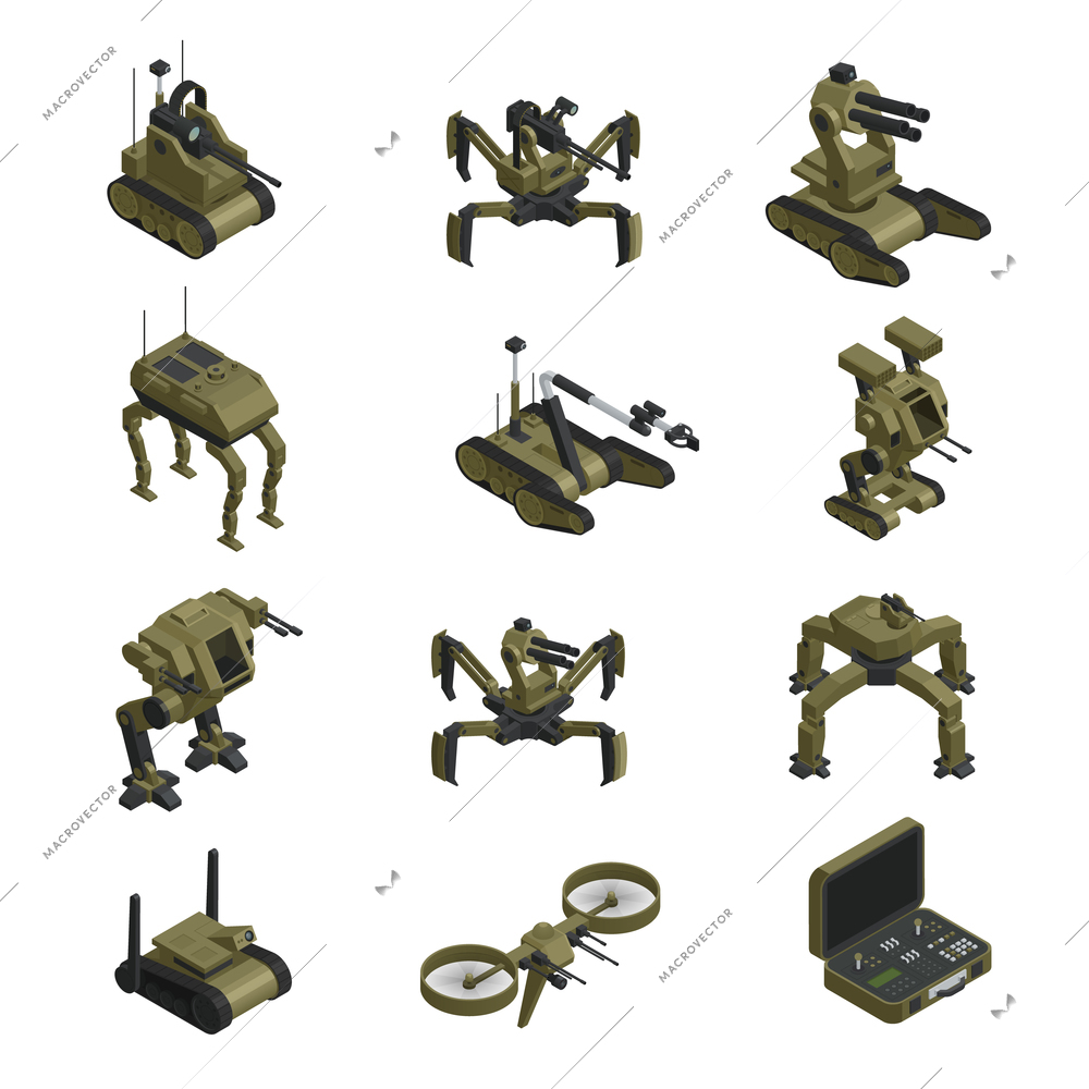 Fighting robots isometric icons set of sapper mortar walking tank spy robot military dog control panel isolated vector illustration