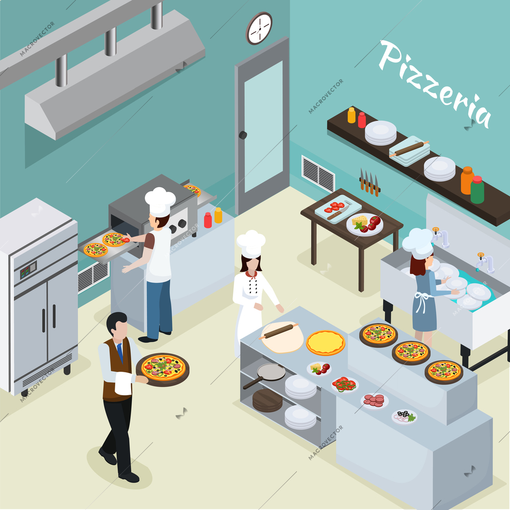 Pizzeria commercial kitchen facility interior background with mini conveyor bake oven and waiter serving pizza vector illustration