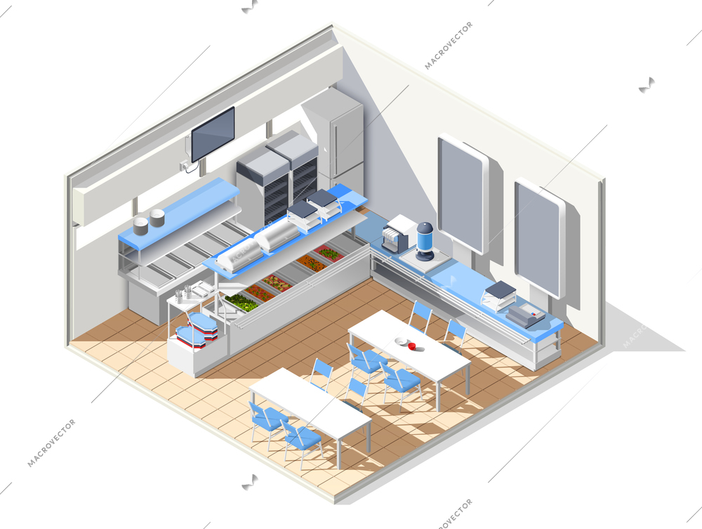 Fast food self service restaurant isometric interior composition with refectory equipment tables with chairs and furniture vector illustration