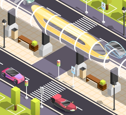 Futuristic city constructor isometric background with road sidewalk cars and high speed tram vector illustration