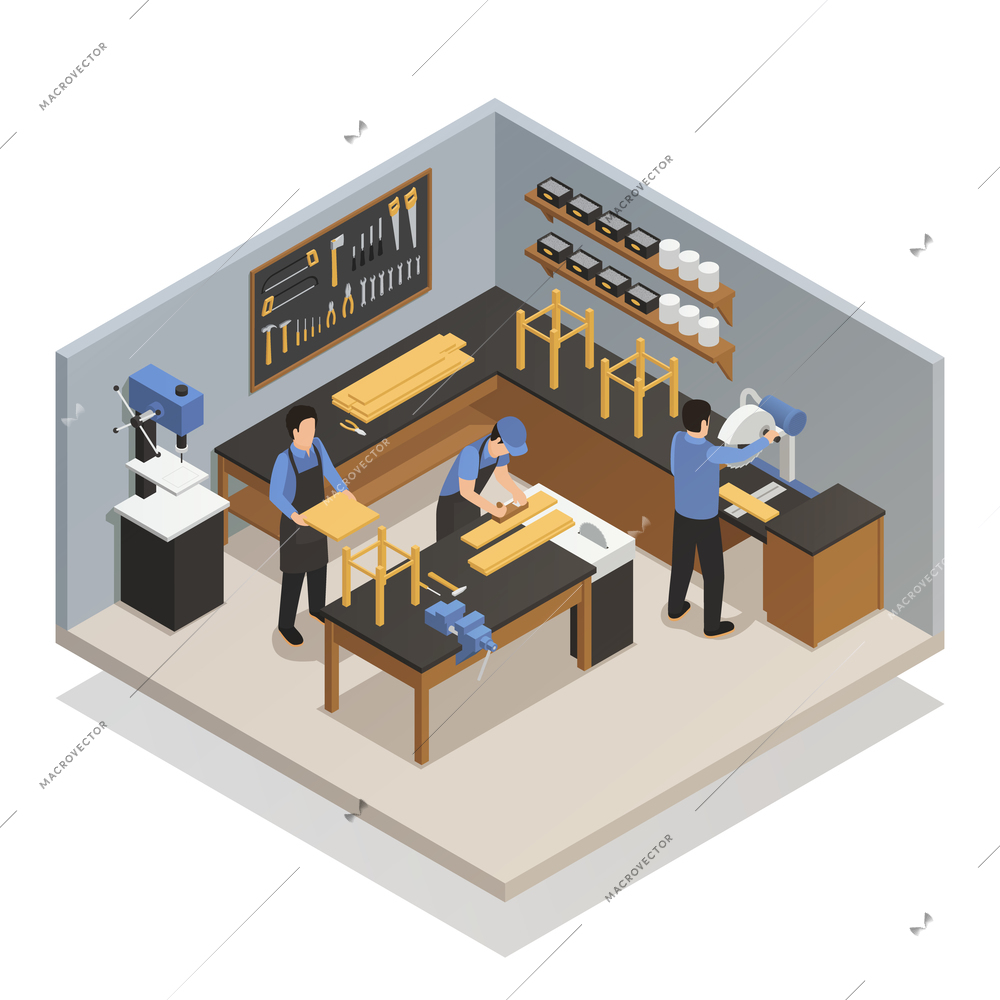 Craftsman people in atelier isometric composition with artisans at workplace engaged in carpenter work vector illustration