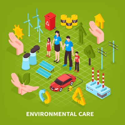 Environmental care green background with eco signs garbage cans incinerator  electromobile icons isometric vector illustration