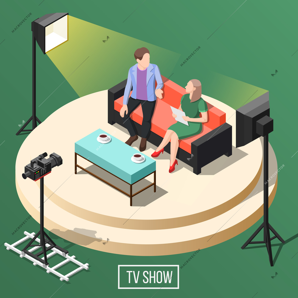 Tv show studio with presenter with visitor on sofa, video equipment on green background isometric vector illustration