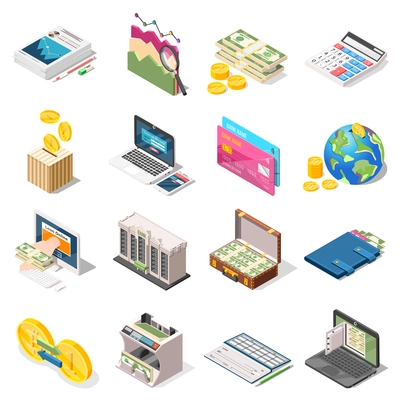 Accounting set of isometric icons with bank, loan online, money counter, analysis, planning, checkbook isolated vector illustration