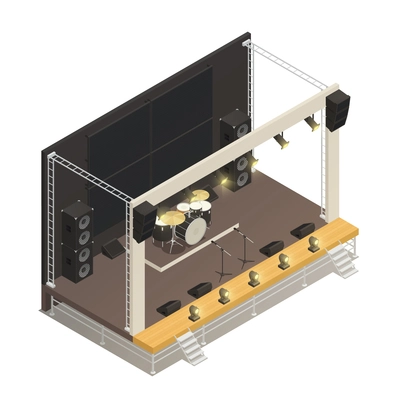 Truss construction of outdoor festival stage with powerful audio amplifiers and drums isometric design concept vector illustration