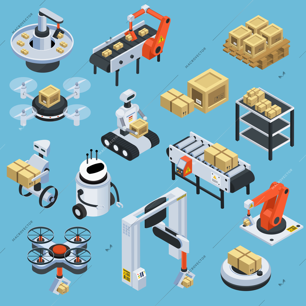 Automatic logistics technology solution and delivery service with drones isometric icons collection blue background isolated vector illustration