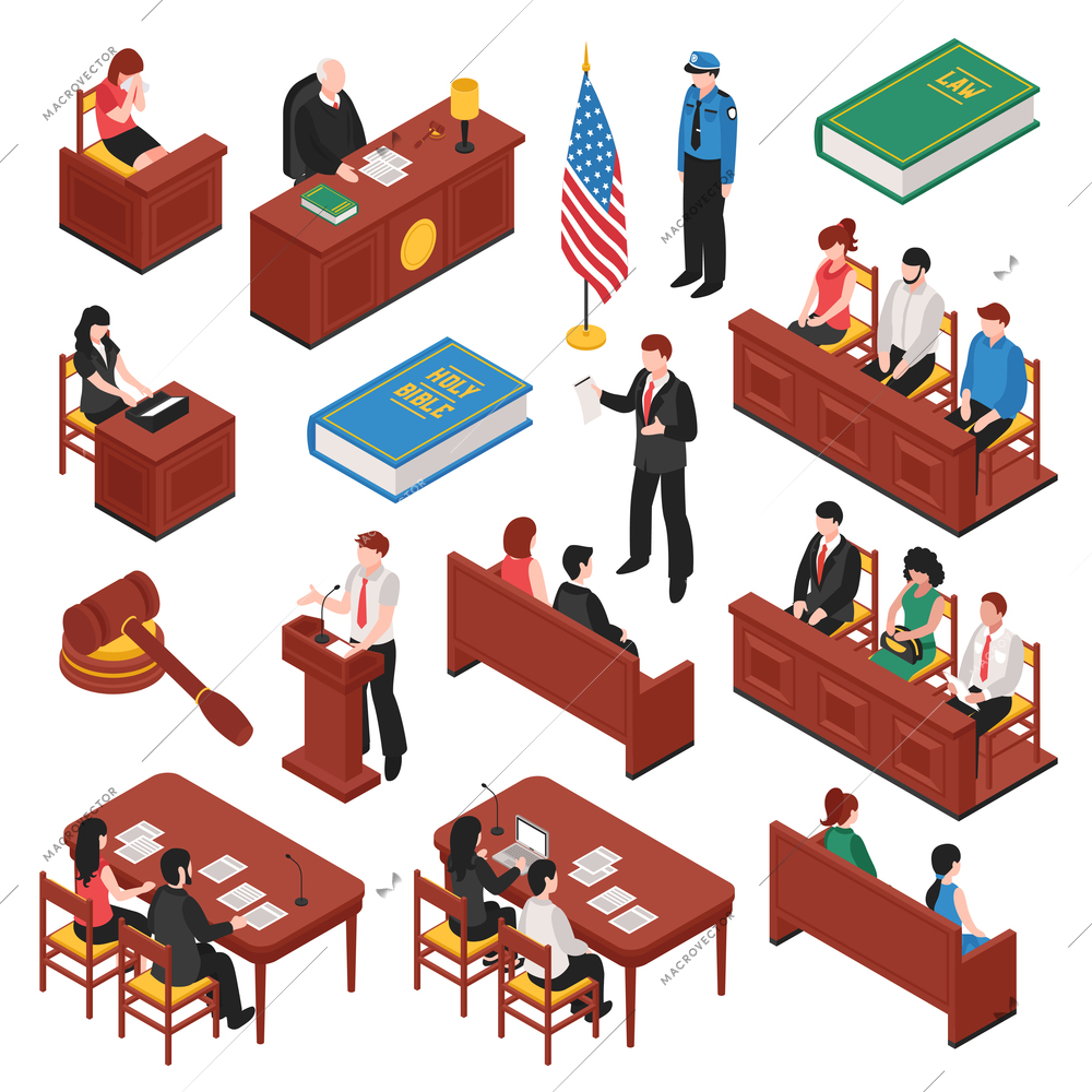 Law and order isometric set of jury court policeman lawyer witness prosecutor victim mallet isolated vector illustration