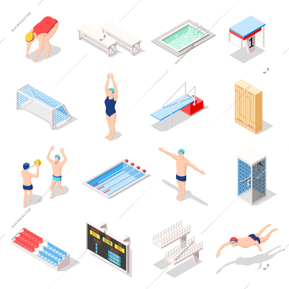 Sport swimming pool set of isometric icons with athletes, diving boards, tribunes, lockers, shower isolated vector illustration