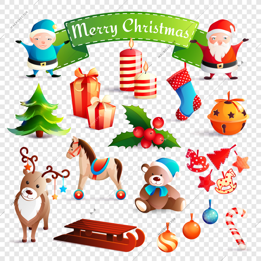 Christmas cartoon set with young and old santa, festive decorations, sleigh on transparent background isolated vector illustration