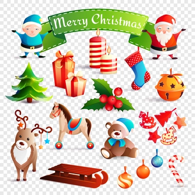 Christmas cartoon set with young and old santa, festive decorations, sleigh on transparent background isolated vector illustration