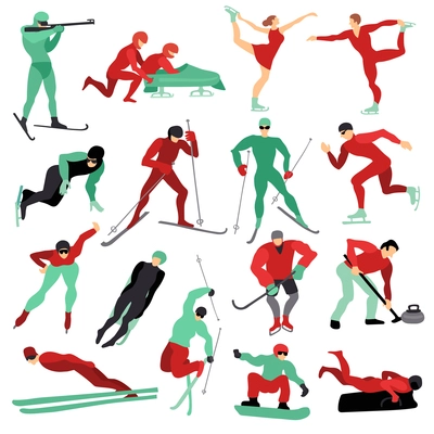 Flat set of male and female people doing various winter sports isolated on white background vector illustration