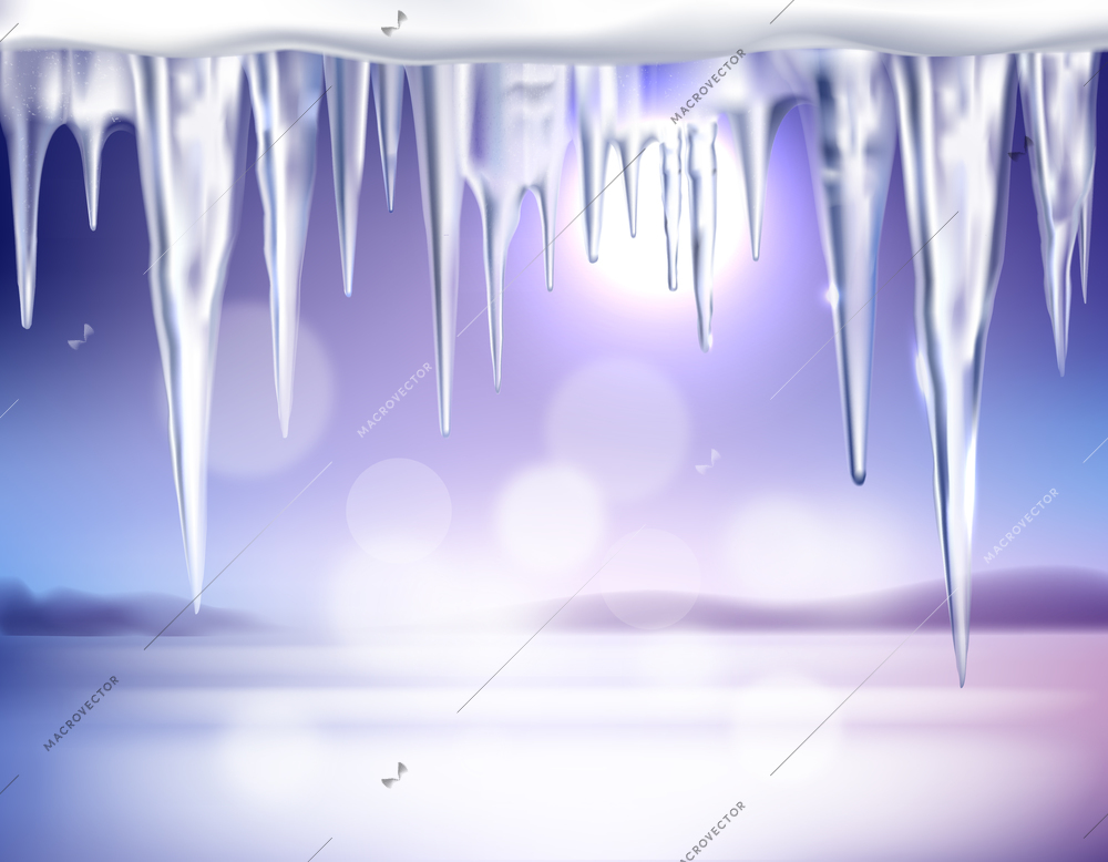 Winter country landscape with morning sun blurry bubbles background and realistic icicles on top compositie vector illustration