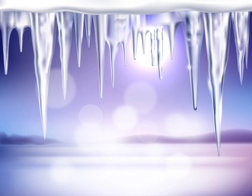 Winter country landscape with morning sun blurry bubbles background and realistic icicles on top compositie vector illustration