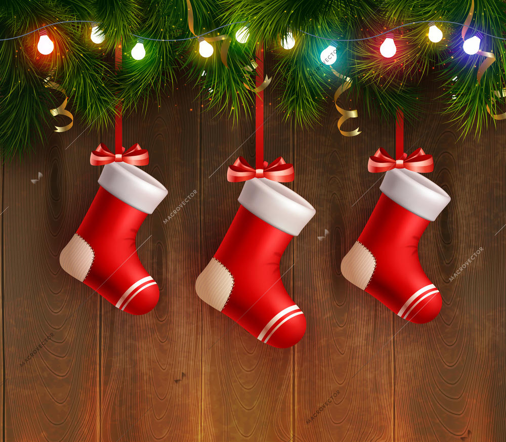 Three red christmas stockings hanging on fir twig at wooden wall background realistic vector Illustration