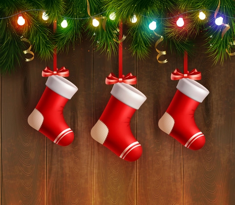 Three red christmas stockings hanging on fir twig at wooden wall background realistic vector Illustration