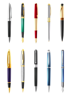 Colored and realistic business pen icon set with different types and colors of pens vector illustration