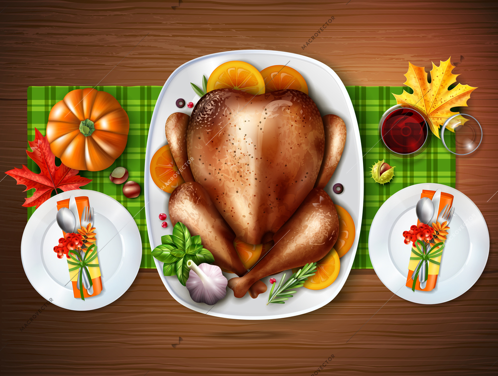 Colored realistic top turkey composition with a table with treats for two vector illustration