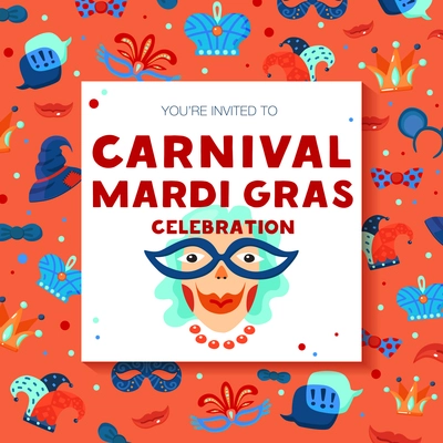 Mardi gras carnival celebration decorative colorful square frame invitation background poster with funny clown hats vector illustration