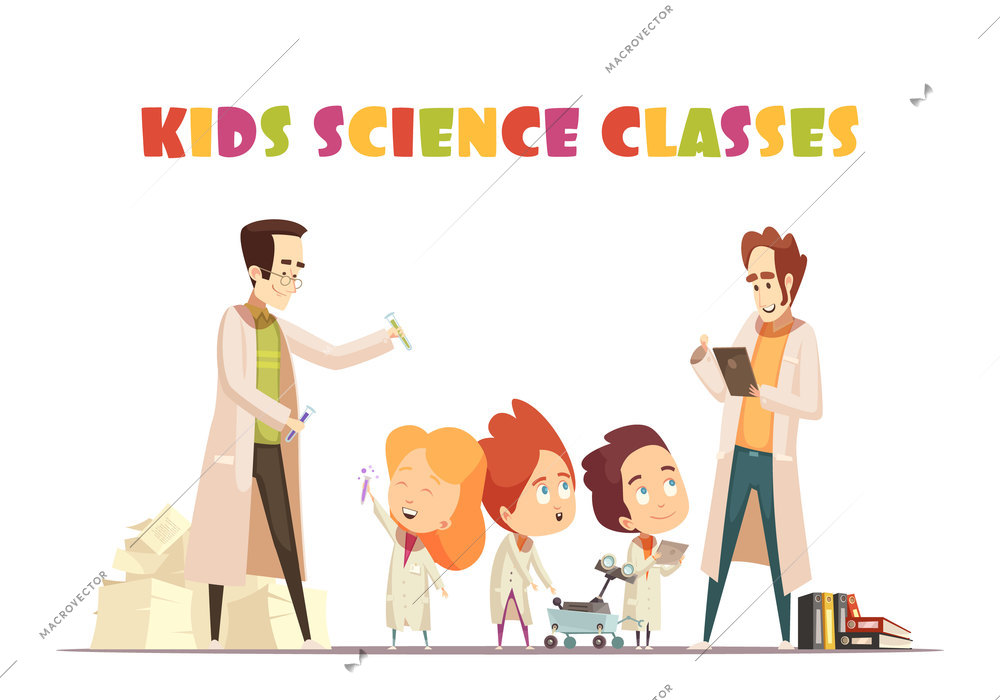 Children science classes design concept with two adults  showing to kids chemistry experiment and interesting book cartoon vector illustration