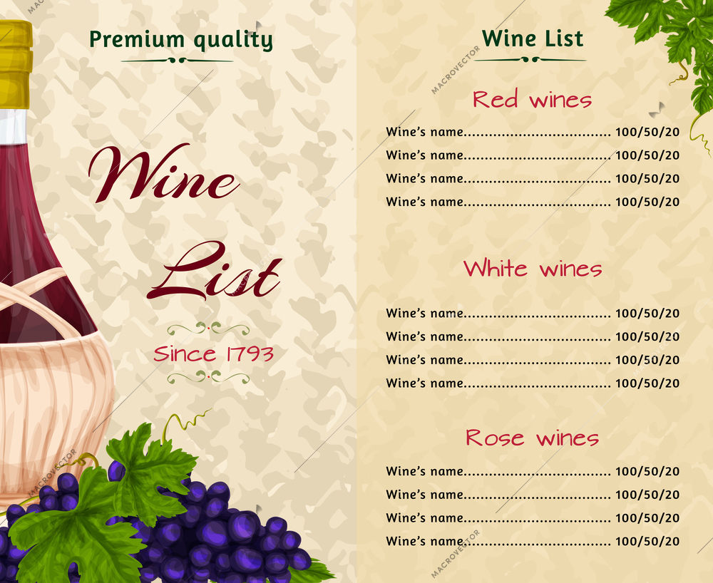 Vintage restaurant premium quality wine list card menu template vector illustration