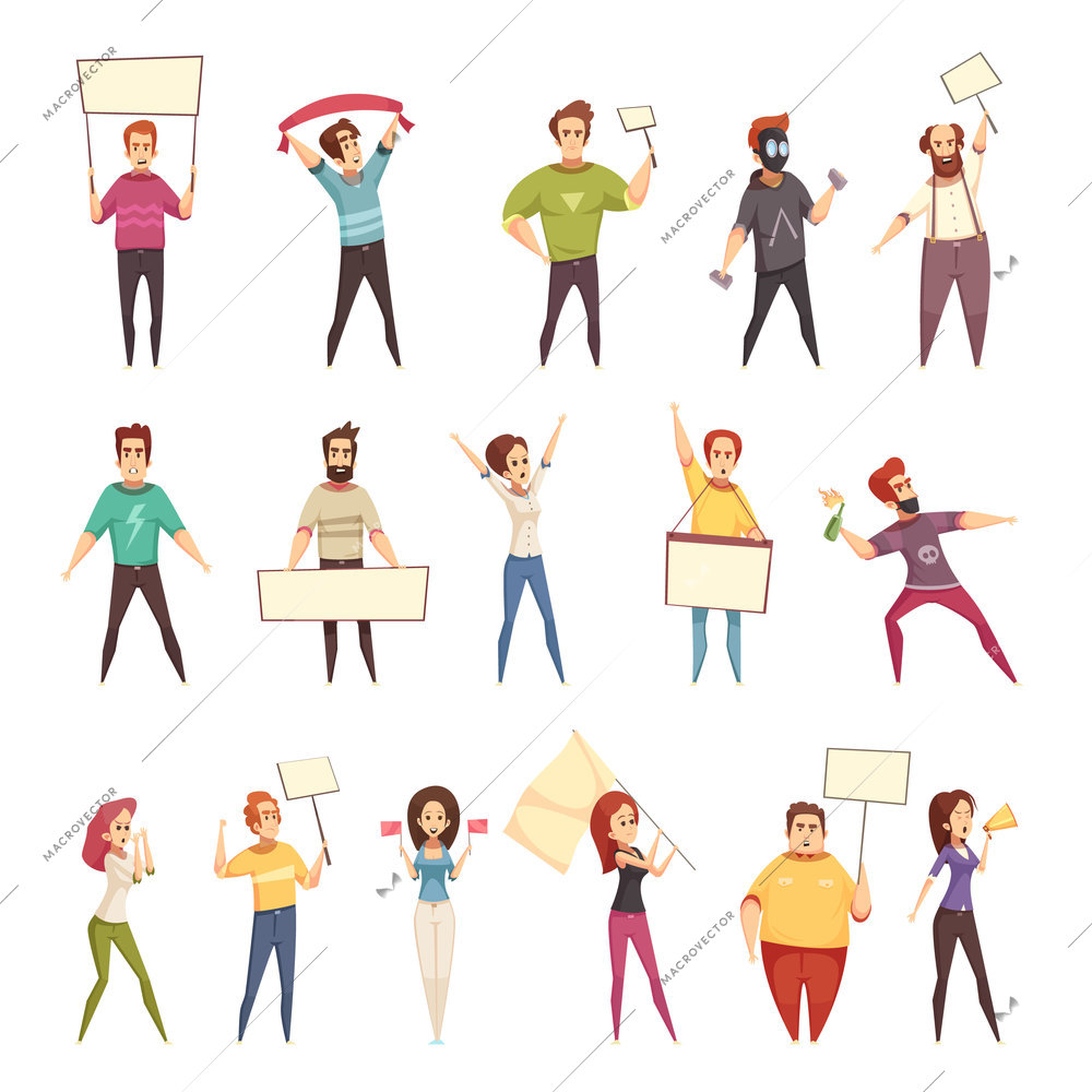 Protesting people decorative icons set of young men and women demonstrating protest with placards and flags isolated cartoon vector illustration