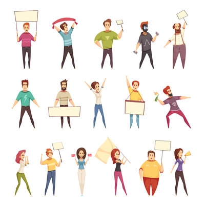 Protesting people decorative icons set of young men and women demonstrating protest with placards and flags isolated cartoon vector illustration