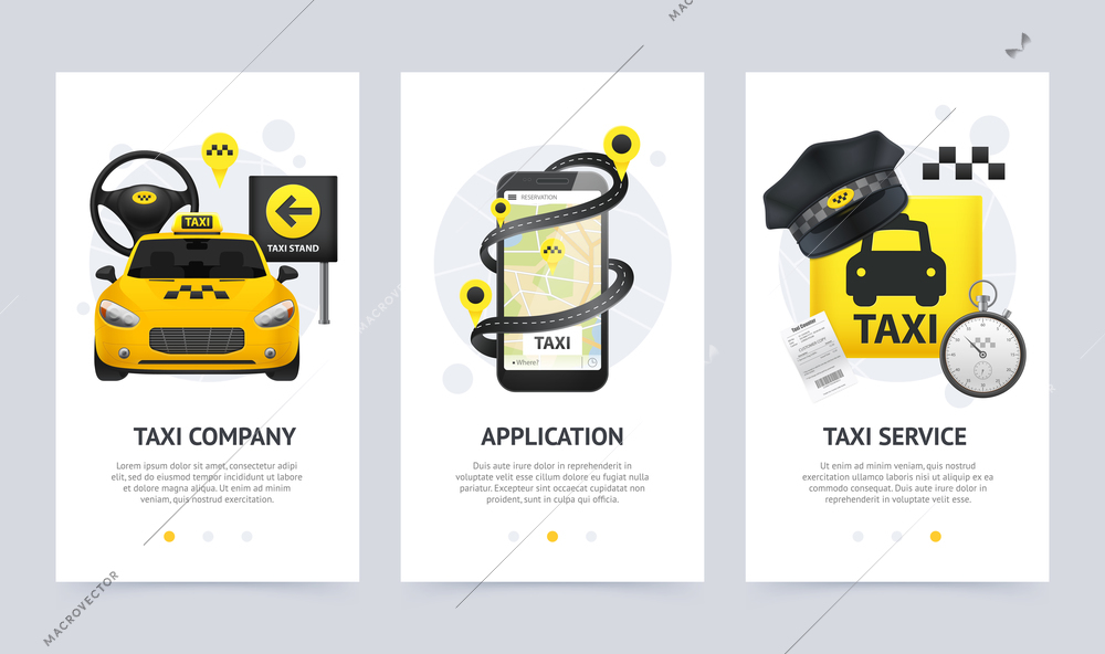 Taxi vertical banners set with company and service symbols realistic isolated vector illustration