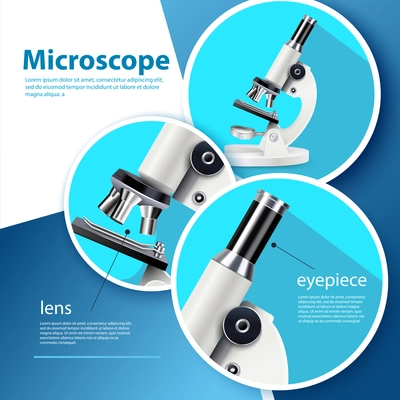 Infographic colored and realistic blue microscope with pointer on lens and eyepiece vector illustration