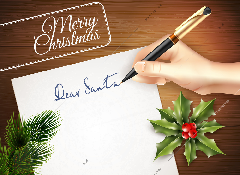 Colored christmas letter illustration with hand writes a letter and dear santa headline vector illustration