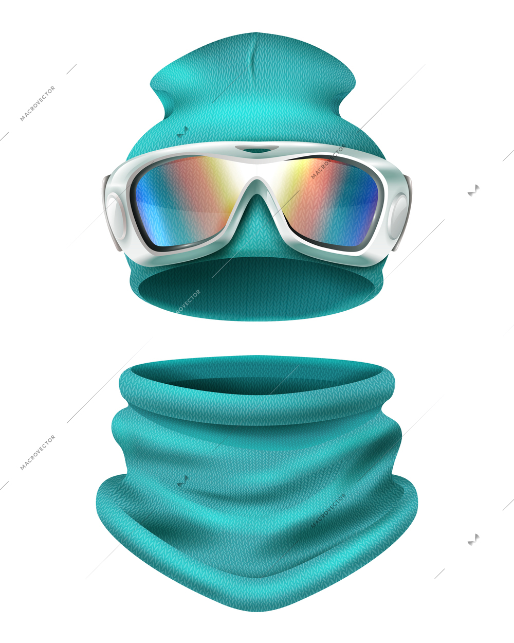 Colored and realistic ski suit composition with sports cap and face protection vector illustration