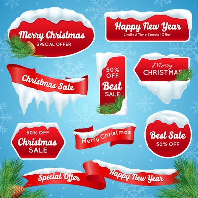 Christmas sale realistic badges with snow piles isolated vector illustration