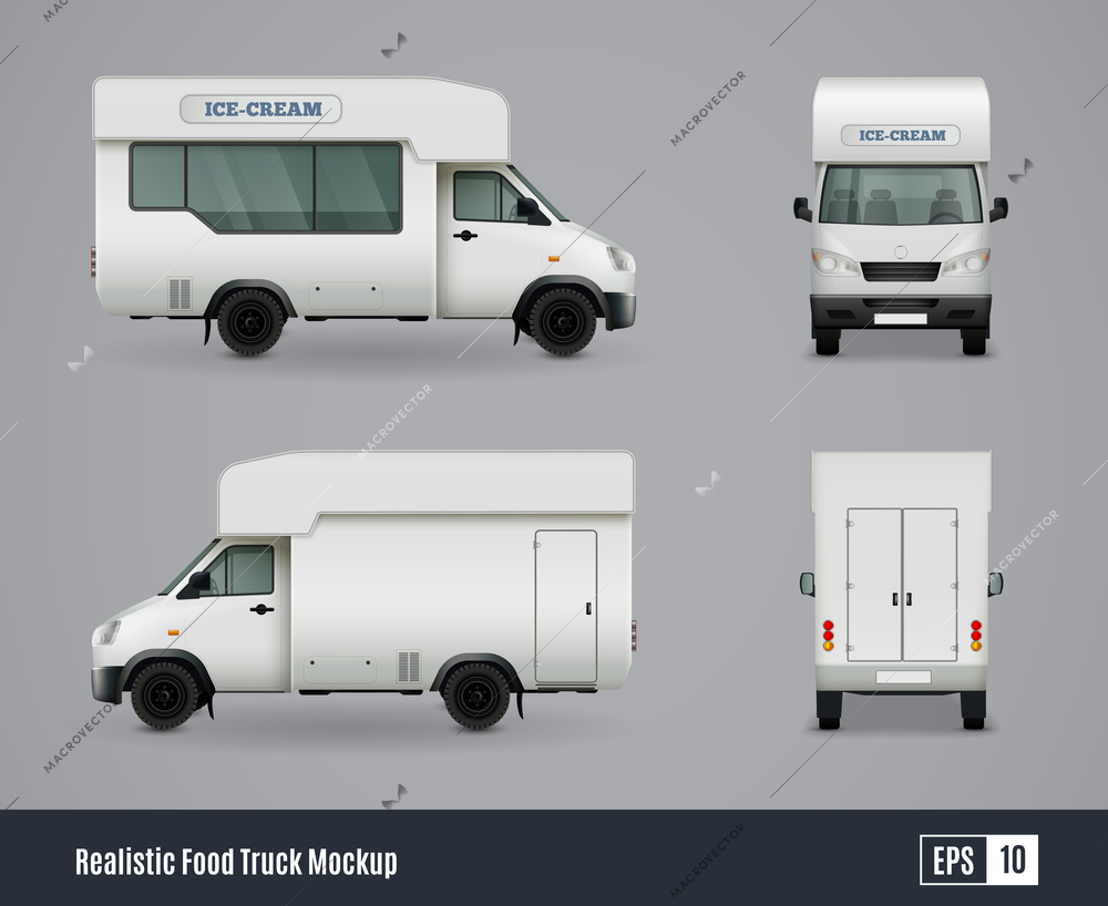 Food trucks realistic ad template mockup set with isolated views of wagon commercial vehicle with shadows vector illustration