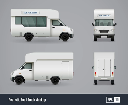 Food trucks realistic ad template mockup set with isolated views of wagon commercial vehicle with shadows vector illustration