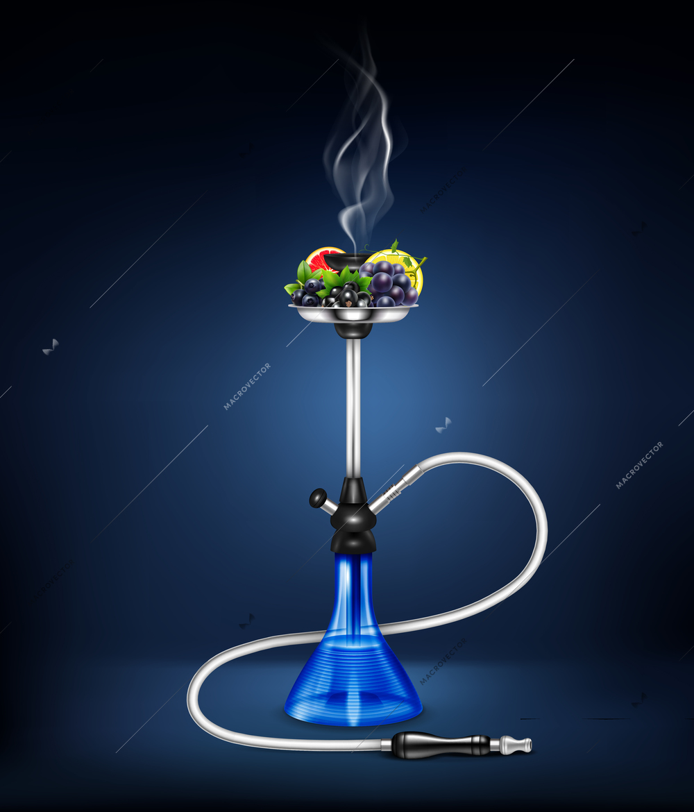 Colored and isolated stylish realistic hookah fruit composition on dark blue background vector illustration