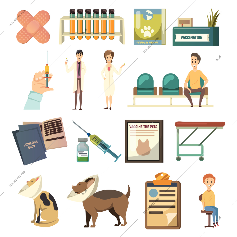 Compulsory vaccination orthogonal icons set with hand holdinig syringe pets patients medical assistaants vet isolated vector illustration