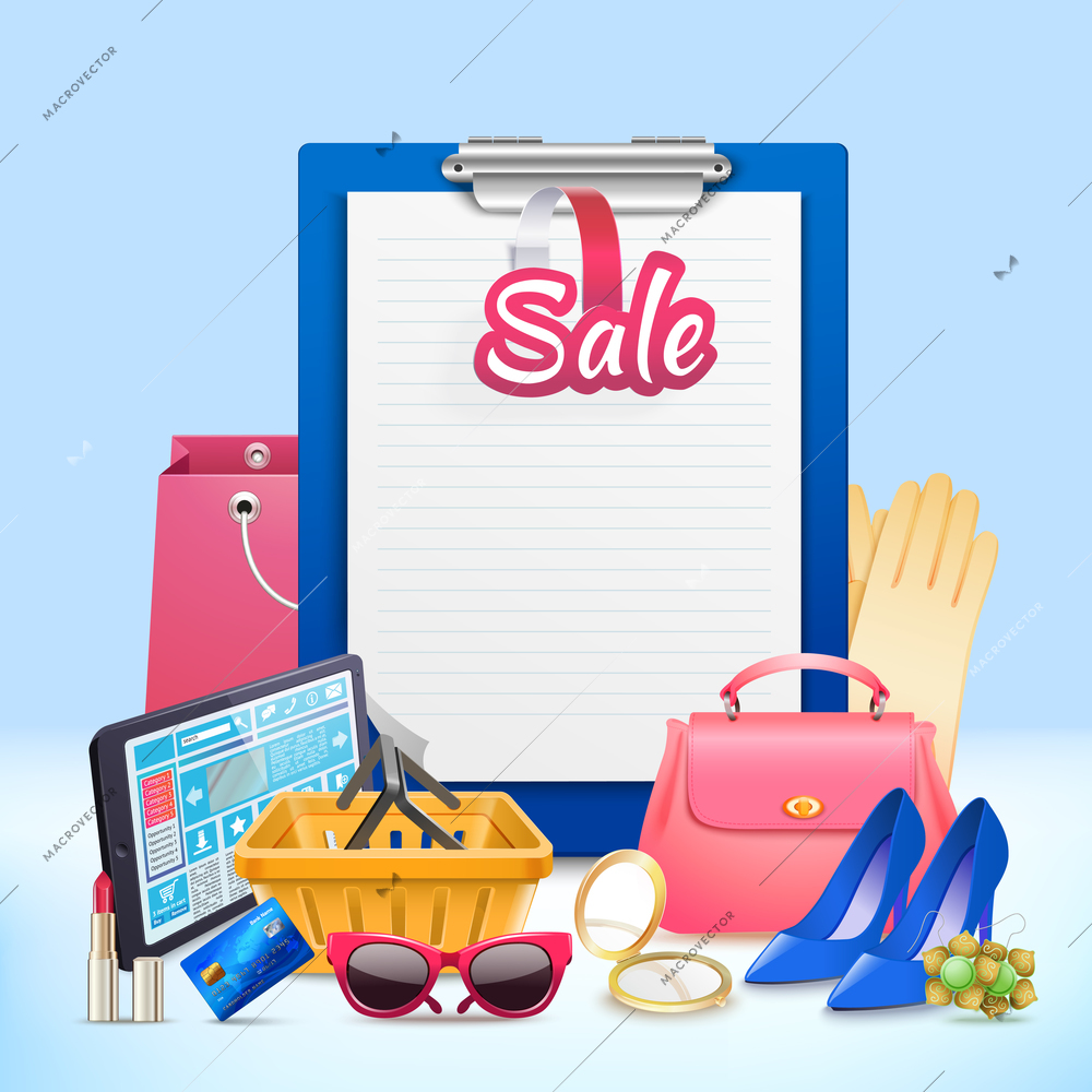 Online shopping realistic composition with flat images of store items and paper clip board with tablet vector illustration