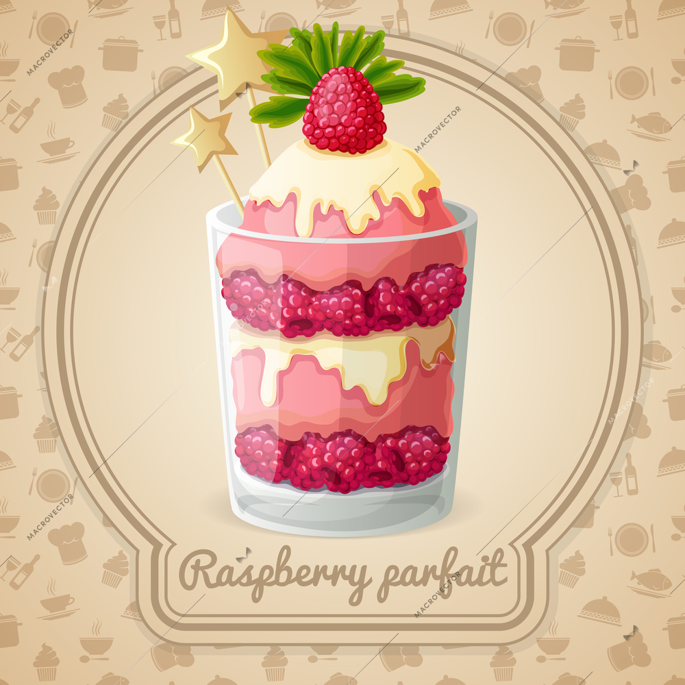 Raspberry parfait dessert with syrup and mint emblem and food cooking icons on background vector illustration