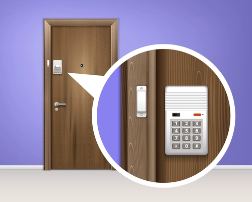 Brown wooden door alarm system realistic 3d composition with code or password vector illustration