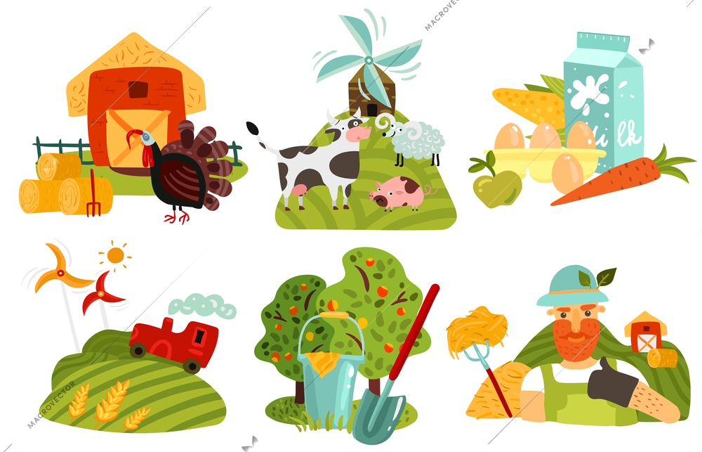 Farm design concept with gardening, windmills on green fields, barn and hay, animals, products isolated vector illustration