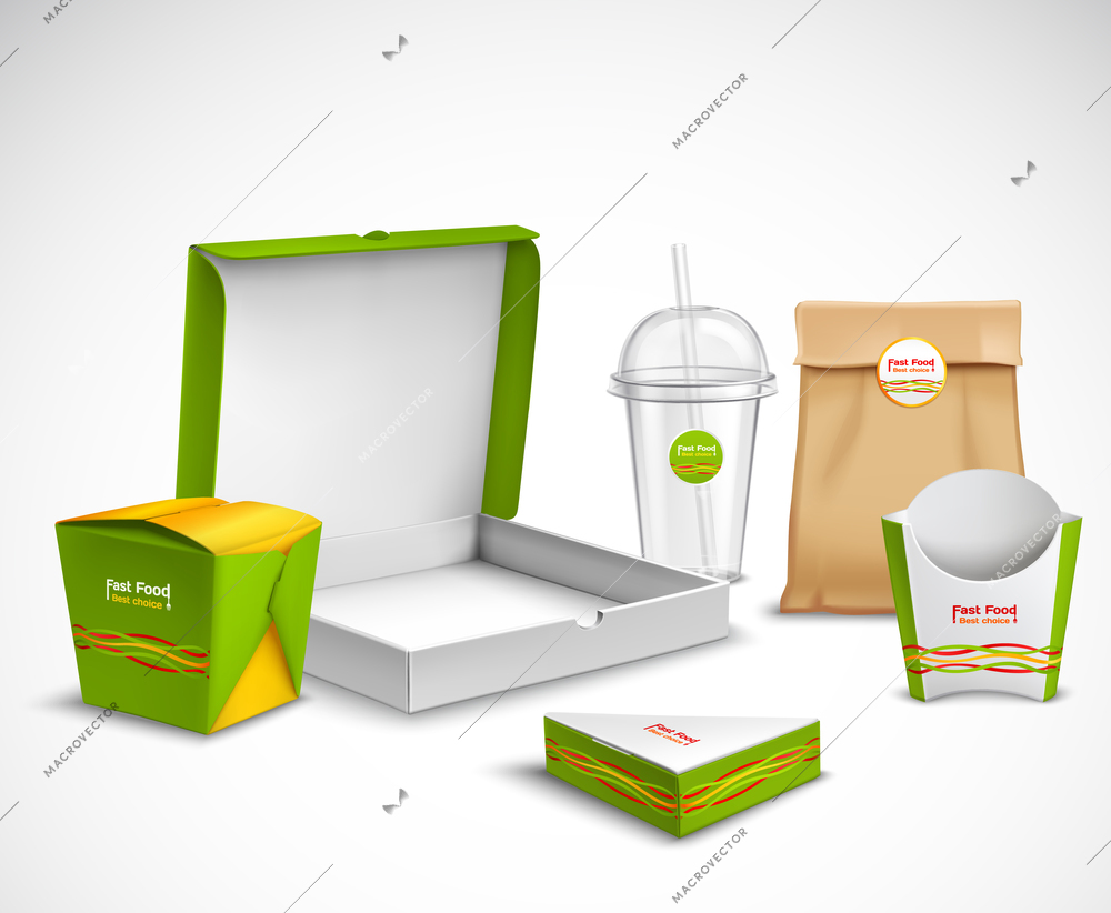 Fast food packaging corporate identity realistic templates samples set with vibrant green-white  pizza box vector illustration