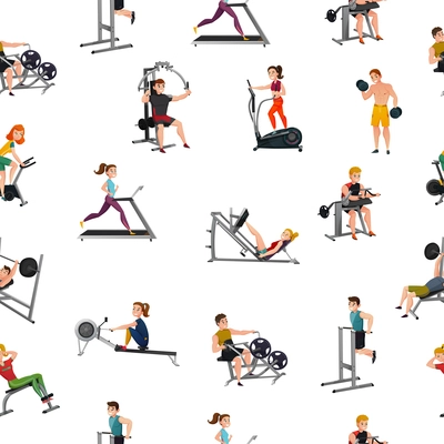 Seamless pattern with smiling men and women at exercise equipment on white background vector illustration