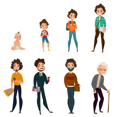 Life cycle of men including infant, child, teen, young and mature age, old person isolated vector illustration