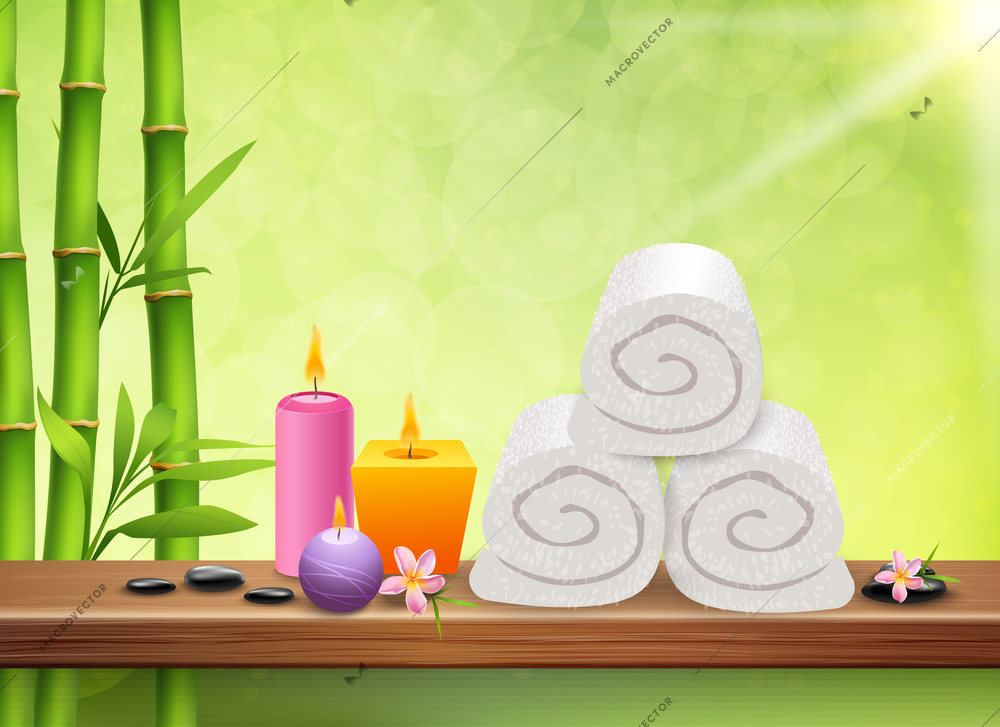 SPA realistic green background with bamboo stems aroma candles towels flat stones and plumeria flowers vector illustration