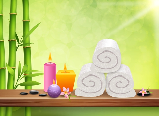 SPA realistic green background with bamboo stems aroma candles towels flat stones and plumeria flowers vector illustration