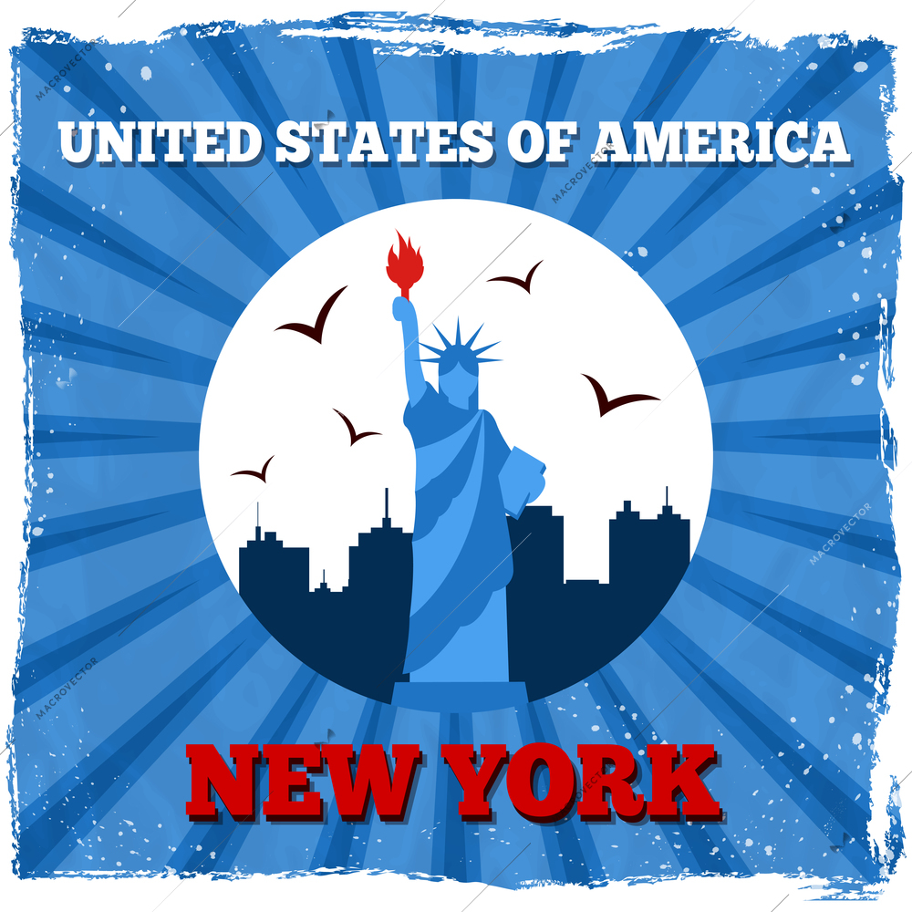 New York USA retro poster statue of liberty skyline vector illustration